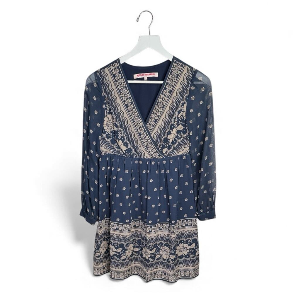 Matthew Williamson V-Neck Ling-sleeve 100% Silk Midi Dress W1975 Sz 4